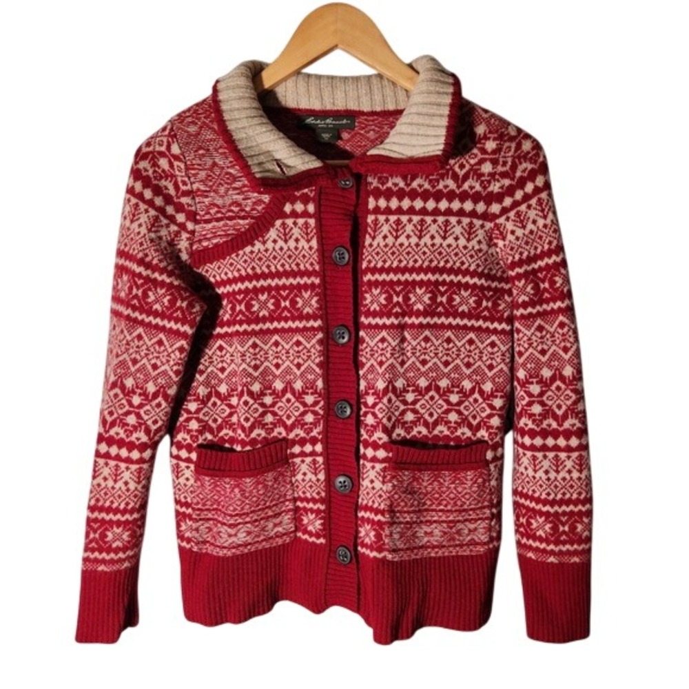 Eddie Bauer Cardigan Medium Petite Red Fair Isle Lambswool Holiday Christmas